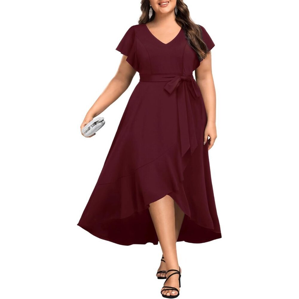 Women Plus Size Maxi Dress Formal Cocktail V Neck Ruffle High Low Party